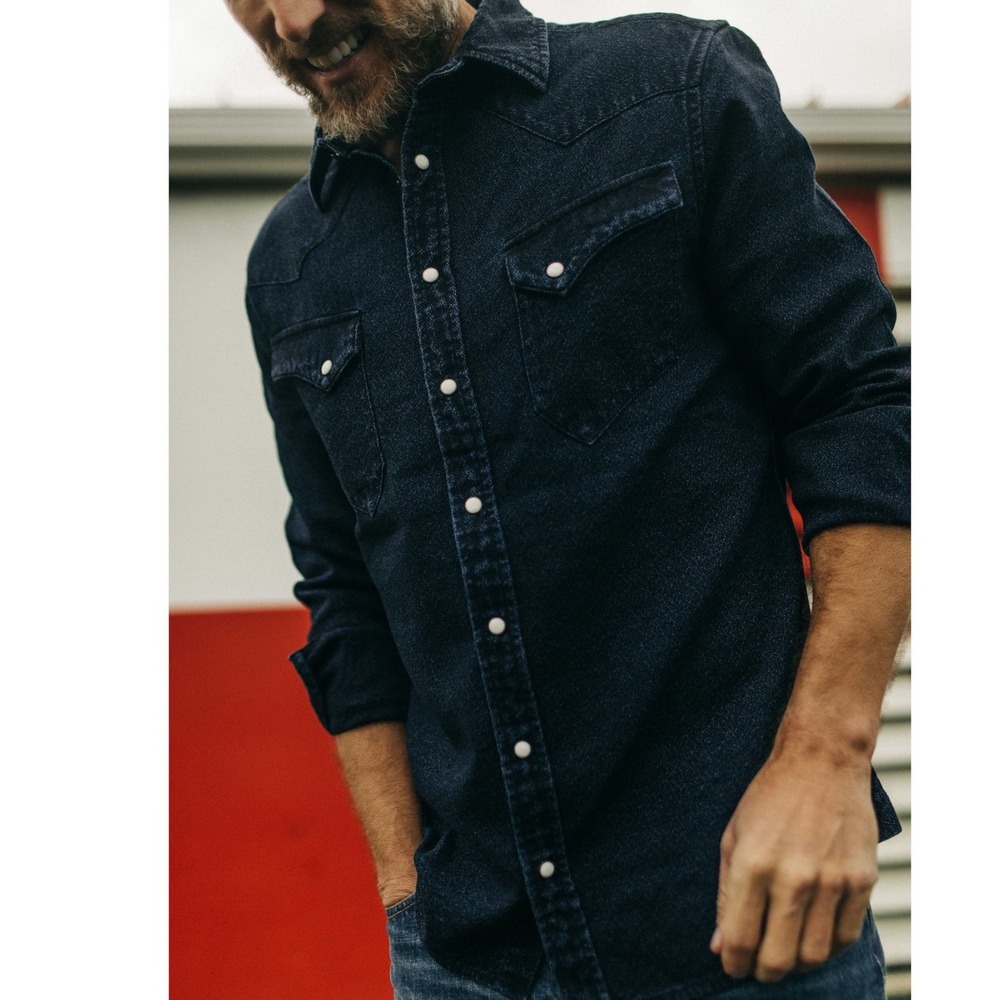 Taylor Stitch Western Shirt Men 40 Indigo Blue Organic Cotton Pearl Snap Classic